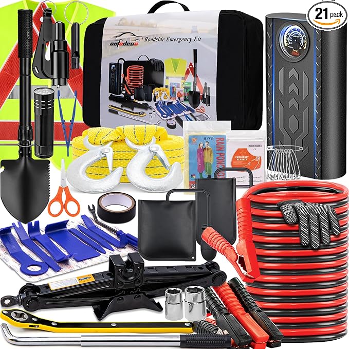 Car Emergency Roadside Kit with Scissor Jack, Air Compressor, Jumper Cables, Car Safety Kit, Air Wedge Bag Pump