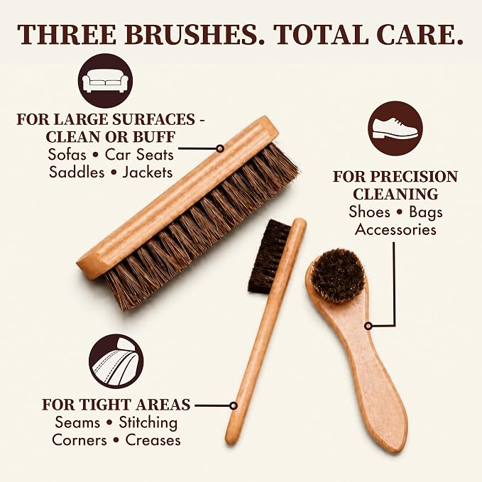 Horsehair Detailing Brush Set – Professional 3‑Piece Leather Cleaning & Care Kit for Bags, Shoes, Accessories, Upholstery & More – Soft, Scratch‑Free Natural Horsehair Brushes