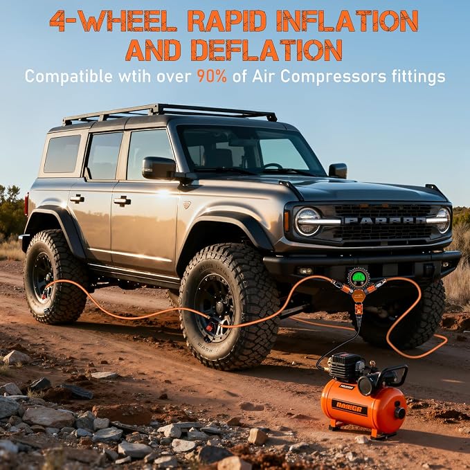 4 Tire Inflation Deflation System W/300PSI Digital Pressure Gauge | Fits up to 200" Wheelbase, Plastic Carry Box & Heavy Duty Hoses, Fits Truck, Car, Trailer, Motorcycle Offroad Vehicles,Orange