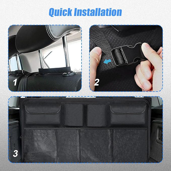 Car Trunk Organizer, Backseat Hanging Trunk Organizers and Storage, Waterproof Collapsible Cargo Storage Bag with 4 Pockets & 4 Mesh Pouches, Car Interior Accessories for SUV, Truck (Black)
