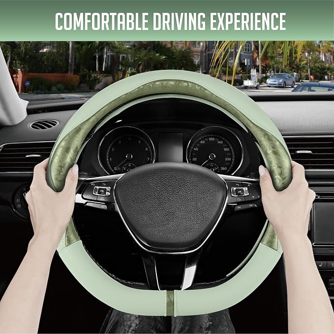 Steering Wheel Cover, Green Patterned Leather Patchwork Design, Universal Fit 14.5"–15.5" D-Shape Steering Cover, Soft PU Grain Leather, Durable Grip Car Accessory for Girls & Women