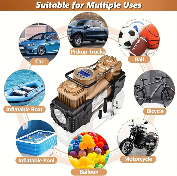 Dual Cylinder Tire Inflator Air Compressor, 150 PSI 12V DC Portable Air Pump with Digital Display, LED Flashlight, Auto Shut-Off, Heavy Duty for Truck, SUV, Car, RV (GOLD)
