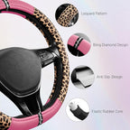 Leopard Steering Wheel Cover for Women, Cute Anti-Slip Microfiber Leather, Fits D Shape Flat Bottom Steering Wheel 14.5-15 Inch - Pink