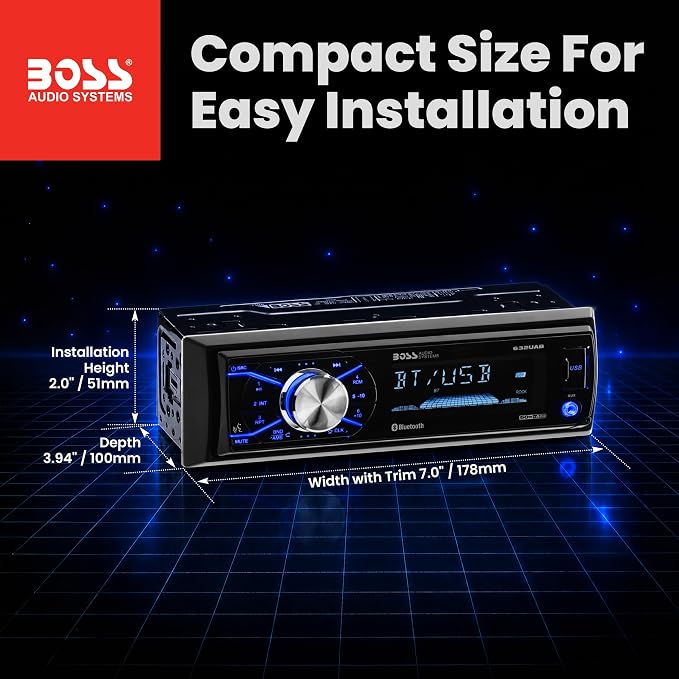 632UAB Car Stereo - Single Din, Bluetooth, No CD DVD Player, AM/FM Radio Receiver, Wireless Remote Control, Aux in, USB