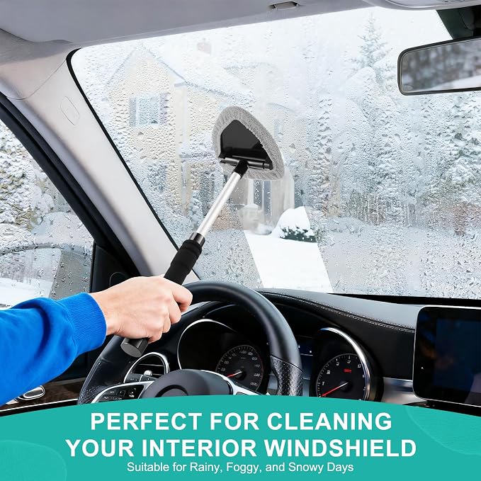 Windshield Cleaner Tool, Car Interior&Exterior Window Cleaning Tool with Extendable Handle & 4 Reusable Microfiber Pads, Auto Glass Wiper Brush Kit for Cars (Grey)