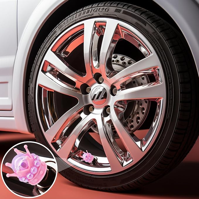 4PCS Crown Bling Tire Stem Valve Caps, Crystal Diamond Tire Air Cap Set Universal Copper Core Stem Covers for Cars, SUV, Trucks, Bikes, Motorcycles, Bicycles (Pink & Purple)