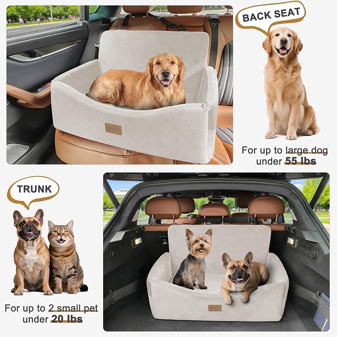 Dog Car Seat for Large Medium Sized Dogs Under 55 lbs, Dog Booster Seat for 2 Small Dogs with Detachable Washable Cover, Memory Foam Pet Car Seat with 2 Safety Belts and Storage Pockets