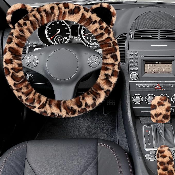 Fluffy Car Steering Wheel Cover, Leopard Fuzzy Vehicle Wheel Cover for Women Non-Slip Furry Warm Steering Wheel Protector with Cute Ears, Car Accessories 15 inch Universal Fit Auto, Suvs, Truck