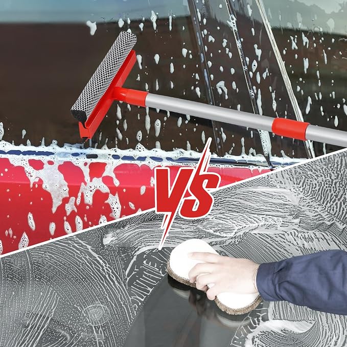 Windshield Cleaner Tool 2 in 1 Car Window Squeegee with Extendable Handle (18"-28.5") Window Cleaner with Squeegee and Sponge for Shower, Glass Cleaning