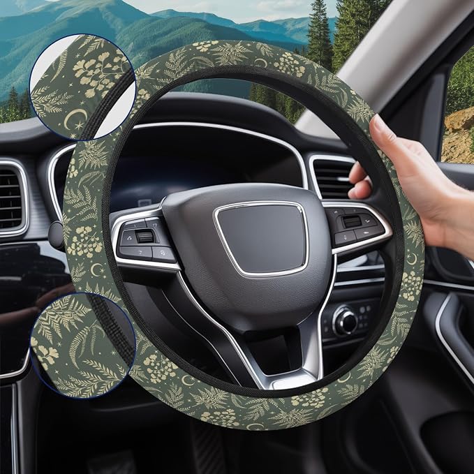 Dark Cottagecore Botanical Steering Wheel Cover, Non-Slip Polyester Wheel Grip, Universal 15 Inch Car Accessory