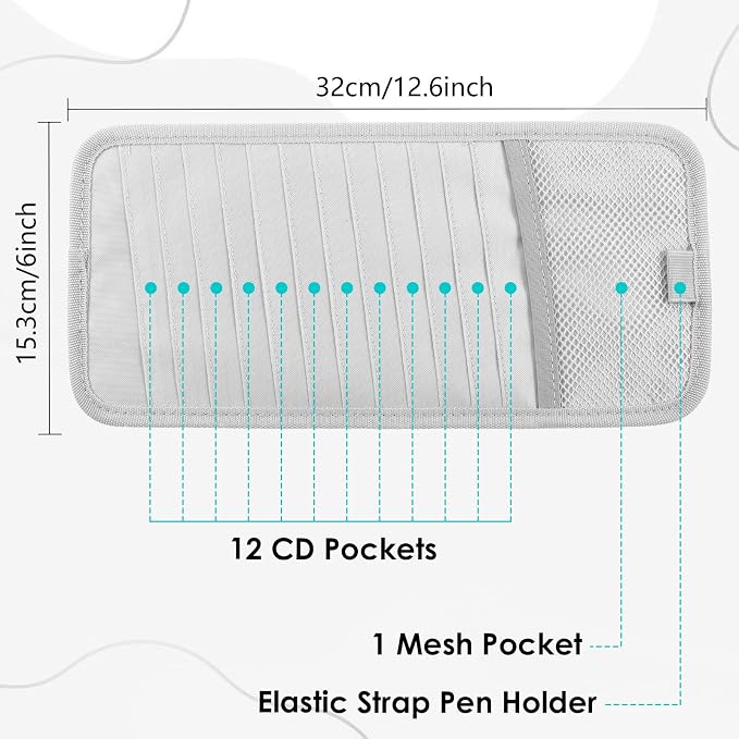 Trinkrittey Gray Car CD Case Holder Vehicle Sun Visor Organizer Vehicle Visor Storage Orangizer Large Capacity CD Visor Case with 12 DVD Storage Sleeves 1 Mesh Pocket 1 Pen Holder and Elastic Strap