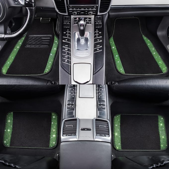 Shining Rhinestones Carpet, Bling Crystal Diamond Sparkly Glitter Car Floor Mats with Anti-Slip PVC Heel Pad Automotive Universal for SUV,Sedan,Car,Van,4pcs for Girl Women Green Diamond