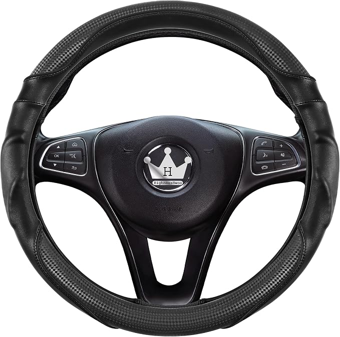 3D Car Steering Wheel Cover Comfort Grip Massage Sporty Anti-Slip Carbon Fiber Faux Leather for Sedan SUV, Universal Fit, Car Handle Covers for All Seasons, 14.75-15.15in, Black
