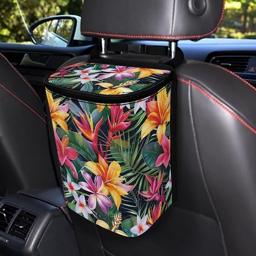 Tropical Hiiscus Plumeria Print Car Trash Can with Lid, Leak Proof Auto Trash Bag Hanging Vehicle Garbage Can Multipurpose Storage Container for Back Seat Road Trip