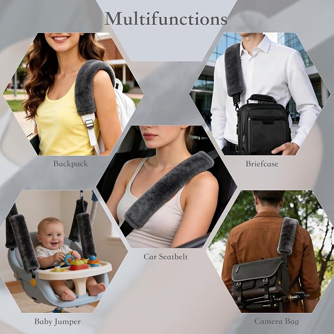 Soft Faux Fur Universal Fit Seatbelt Cover Car Truck SUV Airplane Seat Belt Shoulder Pad for Carmera Backpack Straps Neck Cushion Protector Extra Long 15.7in Dark Gray