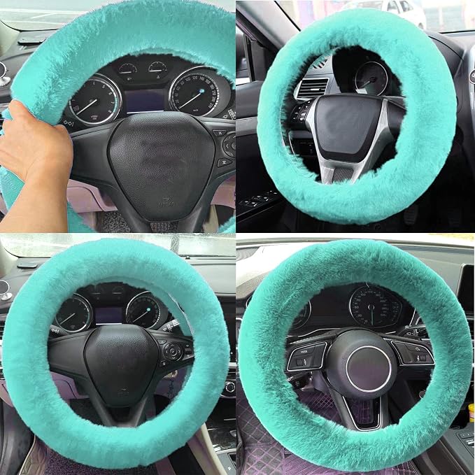 Fluffy Steering Wheel Cover for Women Fuzzy Steering Wheel Cover Winter Warm Faux Wool Plush Car Wheel Cover Furry Steering Wheel Protector Universal Fit 15 Inch (Green)