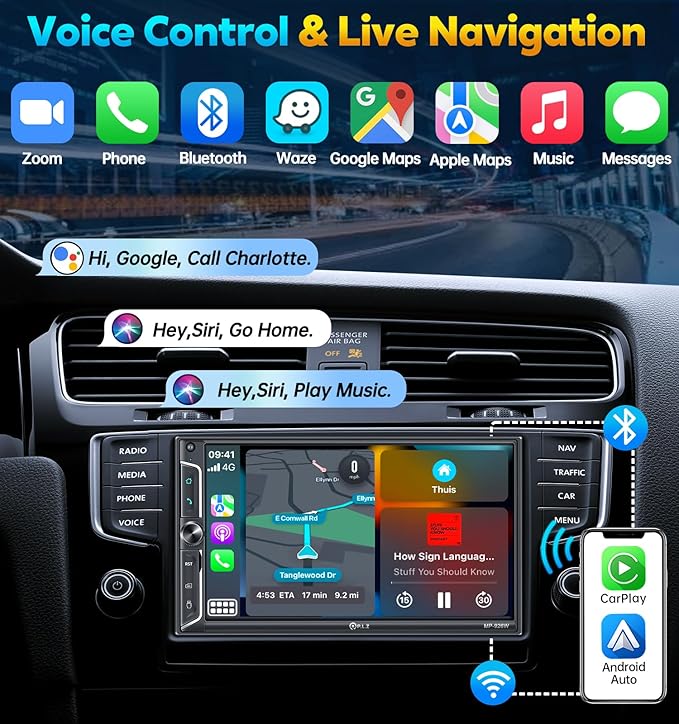 7" Wireless Double Din Car Stereo Apple Car Play Radio Carplay Android Auto QLED Touch Screen, Bluetooth 5.3 Audio Receivers, 1080P Backup Camera, 4.2 Channel Outputs 240W, 2 Subwoofer, FM/AM, SWC