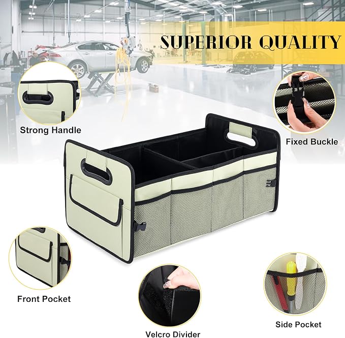 Car Trunk Organizer, Car Organizers and Storage Collapsible Multi Compartment Container Box, Adjustable Car Accessories for SUV Sedan Truck, Standard Size, Light Green