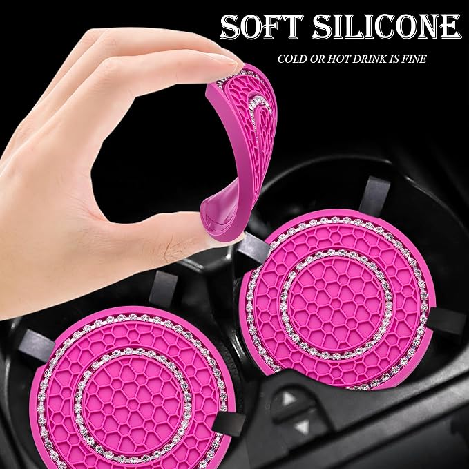 4PCS Bling Crystal Rhinestone Cup Holder Coaster, 2.75 inch Soft Silicone Anti-Slip Shockproof, Car Cup Holder Insert Coasters, Universal Car Interior Accessories for Women (Rose Red & White)