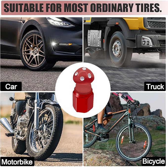 4 Pack Cute Mushrooms Tire Valve Caps, Glow in The Dark, Universal Fit for Cars, Motorcycles, Trucks, and Bicycles (Red)