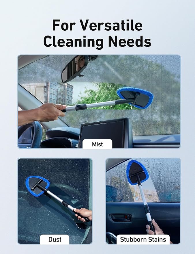26" Super-Long Windshield Cleaner Tool, Car Interior Window Detailing Cleaning Kit with Extendable Handle and 4 Upgraded Reusable Microfiber Pads, Auto Glass Wiper Brush Kit for Car&Home, Blue