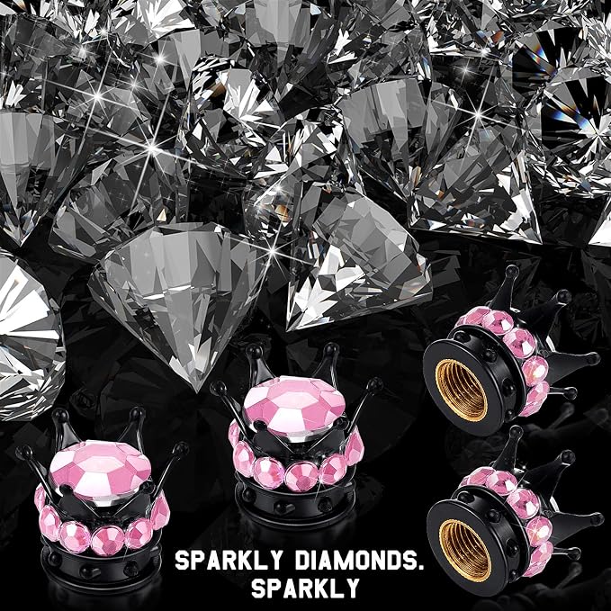 4 Pieces Crown Tire Valve Stem Caps Bling Handmade Crystal Rhinestone Universal Chrome Crown Vehicle Car Tire Caps Covers, Attractive Accessories for Car (Pink and Black)