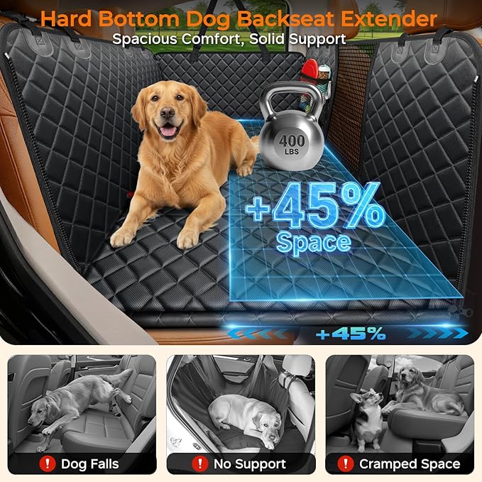 XL Dog Backseat Extender for Full-Size Crew Cab Truck, Hard Bottom Dog Car Seat Cover for Back Seat Holds 400lbs, Waterproof Dog Hammock Pet Rear Seat Protector Travel Bed for F150 / Silverado
