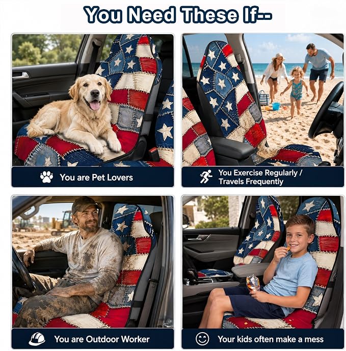 Car Seat Towel Cover 2 Pack for Front Seats, Sweat Absorbent Car Seat Protector with Non-Slip Backing, Waterproof Towel Car Seat Covers for Runners, Gym, Swimming, Beach, Patchwork Flag