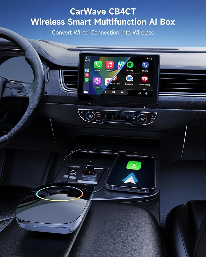 Wireless Carplay Adapter - Magic AI Box CarPlay Android Auto Wireless, Dual Wi-Fi & BT USB Playback, AI-Powered, OTA, Video Box for YouTube, Netflix, CB4CT-BK