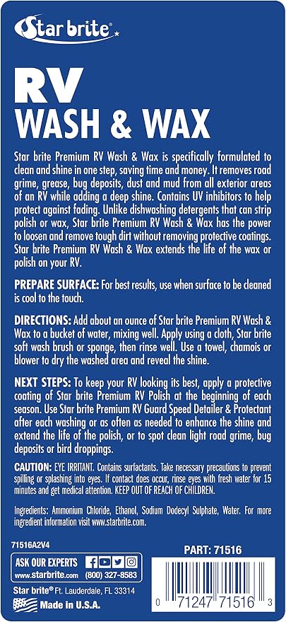 RV Wash & Wax - One-Step Concentrated Cleaner, UV Protection - Ideal for RV, Camper Cleaning - 16 OZ (071516P)