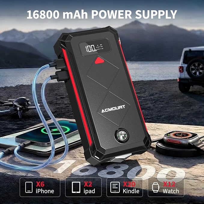P100 Car Jump Starter, 5000A Peak Lithium Jump Starter Battery Pack for Up to 10.0L Gas or 8.0L Diesel Engine, Safe 12V Portable Battery Starter Power Pack with LED Screen & LED Light