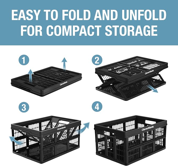 Collapsible Utility Crates, Obsidian, 3 Pack, 45L/11 Gal, 66 lbs Capacity, Stackable Containers, Heavy Duty, Space-Saving Baskets,Polypropylene (PP)