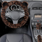 Fuzzy Car Steering Wheel Cover, Warm Fluffy Leopard Steering Wheel Cover with Cute Ears, Soft Plush Furry Car Accessories Decor for Women, Non-Slip Universal 15 inch Fit Vehicle, Truck, SUVs