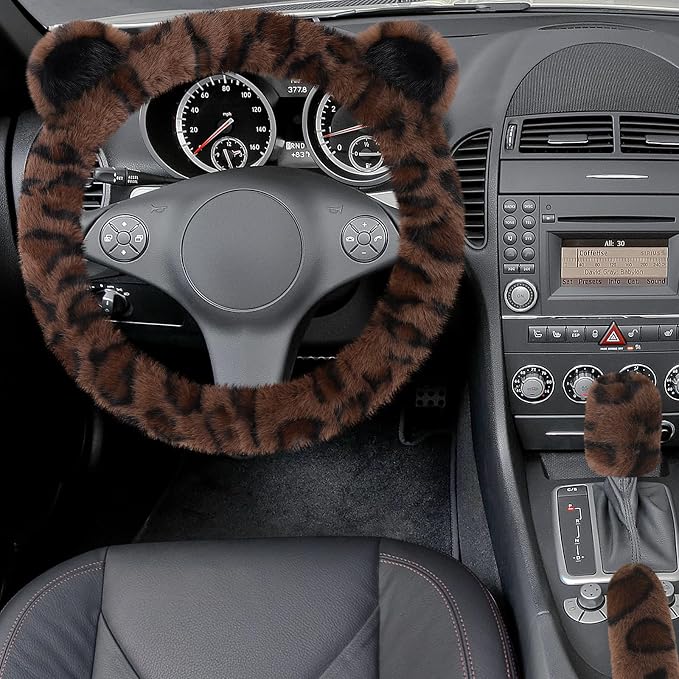 Fuzzy Car Steering Wheel Cover, Warm Fluffy Leopard Steering Wheel Cover with Cute Ears, Soft Plush Furry Car Accessories Decor for Women, Non-Slip Universal 15 inch Fit Vehicle, Truck, SUVs