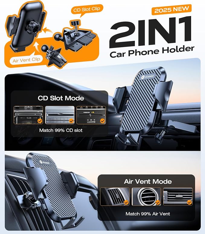 Military-Grade Sturdy Car Phone Holder Mount, Upgraded Anti Shake Metal CD Slot & Air Vent Thick Case Friendly Phone Mount for Car Fit for iPhone 17 16 15 Samsung All Phones - Classic Black