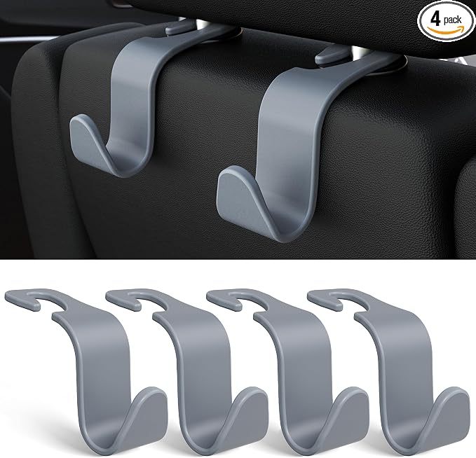 Car Seat Headrest Hook 4 Pack Hanger Universal Vehicle Car Storage Organizer for Handbag Purse Coat S Type Grey