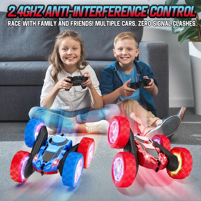 Remote Control RC Car for Kids 6-12, High-Speed 4WD Stunt Car with LED Lights & 360° Rotation, 2.4GHz Off-Road Vehicle Toy with Rechargeable Battery, Cool Valentines and Birthday Gift for Boys