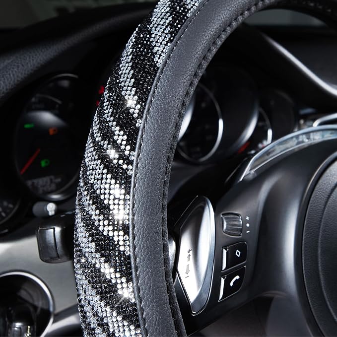 Bling Diamond Leather Steering Wheel Cover, with Bling Sparkly Crystal Glitter Rhinestone Universal Fit 14" 1/2-15" Car Wheel Protector Fit for Women Girl SUV,Vans,Sedans,Trucks, Zebra Print