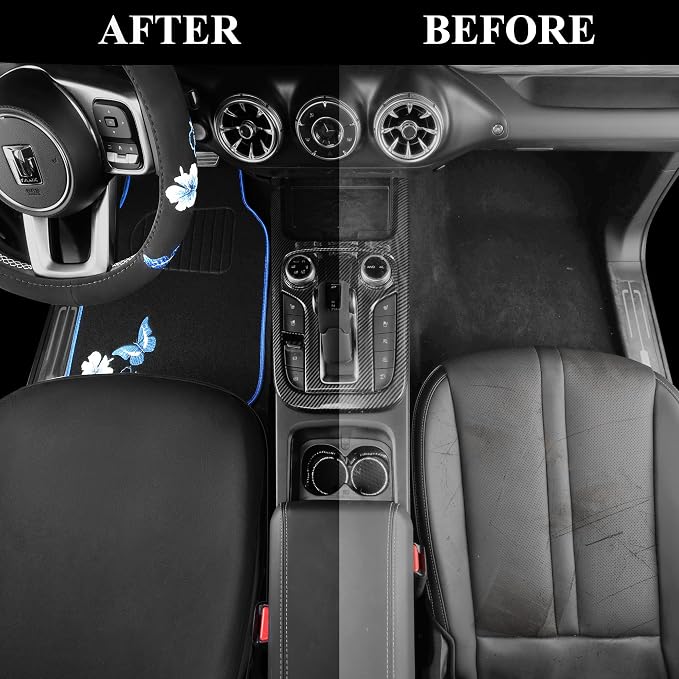 Blue Butterfly Car Seat Covers Full Set, Embroidered Flower Waterproof Car Floor Mats Carpet, Butterflies Steering Wheel Cover for Universal Car Accessories Interior Sets (Black and Blue)