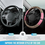 Leopard Steering Wheel Cover for Women, Cute Anti-Slip Microfiber Leather, Universal Fit 14.5-15 Inch Round Steering Wheel - Pink