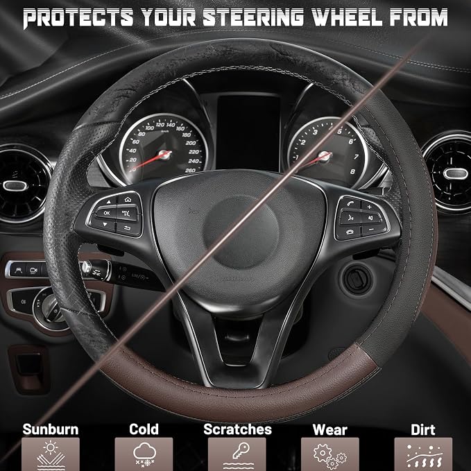 Steering Wheel Cover for Car, Standard Size 14.5-15 inch, Auto Interior Accessories, Black and Dark Brown