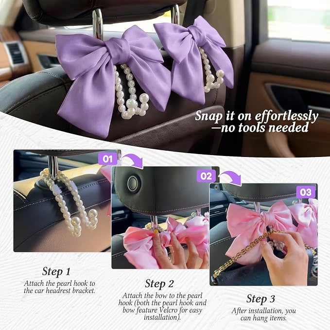 2PCS Satin Bow Pearl Car Seat Headrest Hooks – Car Bag Holder & Vehicle Hanger for Purses – Cute Coquette Aesthetic Interior Decoration – Cute Auto Organizer Accessories Universal (Lavender Purple)
