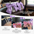2PCS Satin Bow Pearl Car Seat Headrest Hooks – Car Bag Holder & Vehicle Hanger for Purses – Cute Coquette Aesthetic Interior Decoration – Cute Auto Organizer Accessories Universal (Lavender Purple)