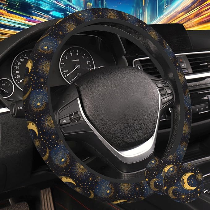 Gold Celestial Sun Moon Star Steering Wheel Cover for Women, Anti-Slip Car Steering Wheel Cover with 2 Pcs Cup Holders Neoprene Breathable Car Accessories Universal 15 Inch Auto Interior Decor