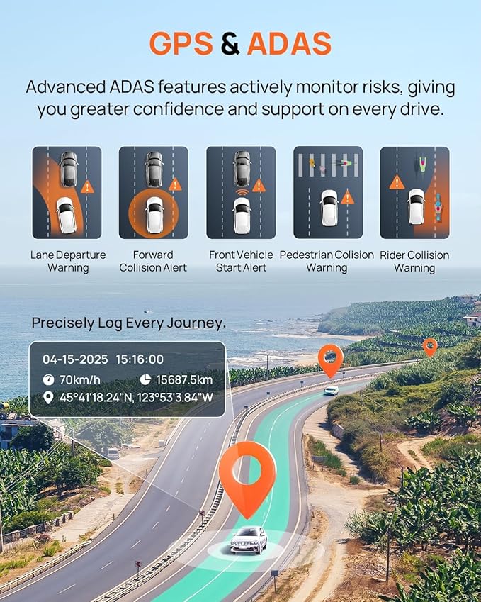 4K Dash Cam Front and Rear, Built in Wi-Fi 6 & GPS Car Camera, Super Night Vision, ADAS, 3'' IPS Screen, 24H Parking Mode, Time-Lapse, Loop Recording, with 128GB Card (A800SE) (Pack of 2)