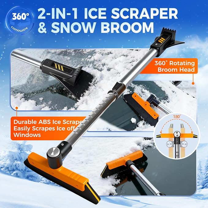 Telescoping 2-in-1 Snow Broom & Ice Scraper for Windshield, 32.5 in No-Scratch Snow Brush with Foam Head, Snow Remover Tool for SUV/Truck, Windows, Roof