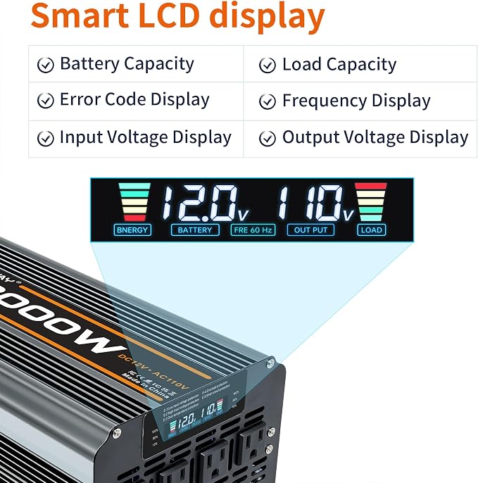 3000w Power Inverter DC 12V to AC 110V/120V Converter with 6000w Peak.Comes with LCD Display, Wireless Controller,4AC outlets 1USB.RV Inverter,Suitable for Camping,and Off-Grid Solar Inverter Systems
