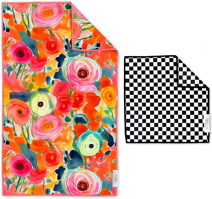 crae. Microfiber Hand Towel & Washcloth Set of 2 - Double-Sided, Waffle Weave, Super Absorbent, Lint-Free, Fast Drying - for Bathroom, Kitchen, Car, and Window Cleaning (Pia & Fonnie - Black/Pink)