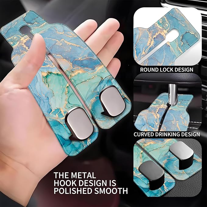 Car Seat Headrest Hooks for Purses and Bags Abstract Turquoise Golden Marble 1 Pack Bag Purse Holder for Car with Double Metal Hooks Car Purse Hanger Hanging Accessories