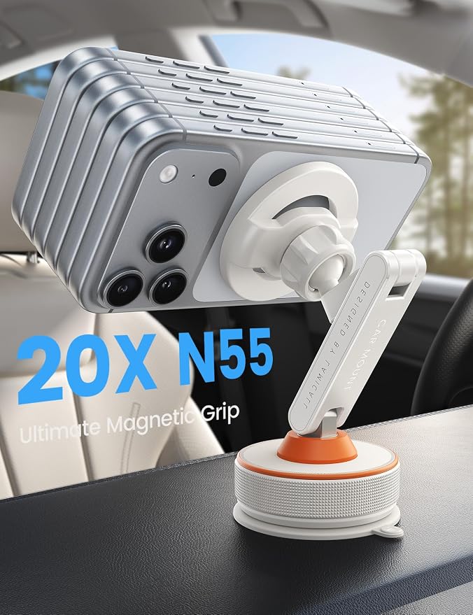 for Magsafe Car Mount - [Ultra Nano Gel & 70+LBS Vacuum Suction] 360° Magnetic Phone Holder for Car Suction Cup Phone Mount Dashboard Windshield Car Mount for iPhone 17 16 15 14 Pro Max White